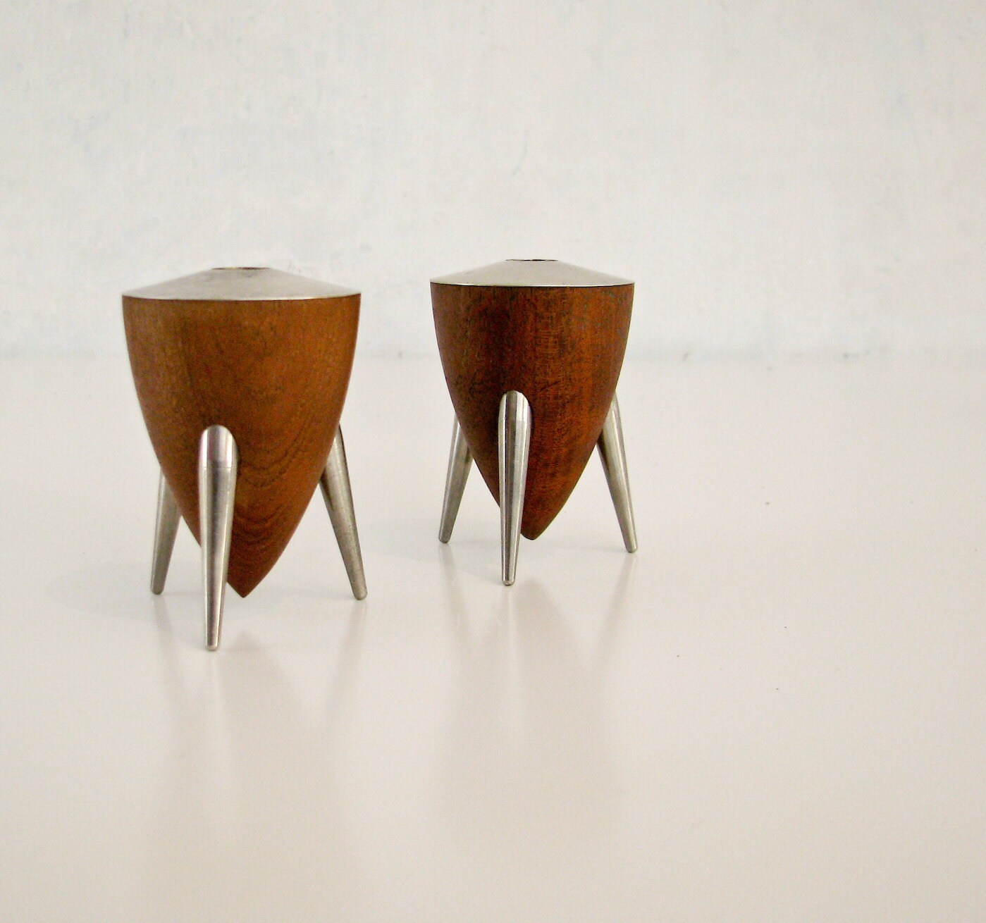 Vintage Mid Century Modern Candlesticks Tiny Wood Metal