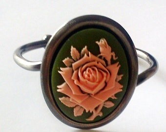 Giant Pink Rose Cameo Bracelet Shabby Chic Cottage Statement Piece Green Background