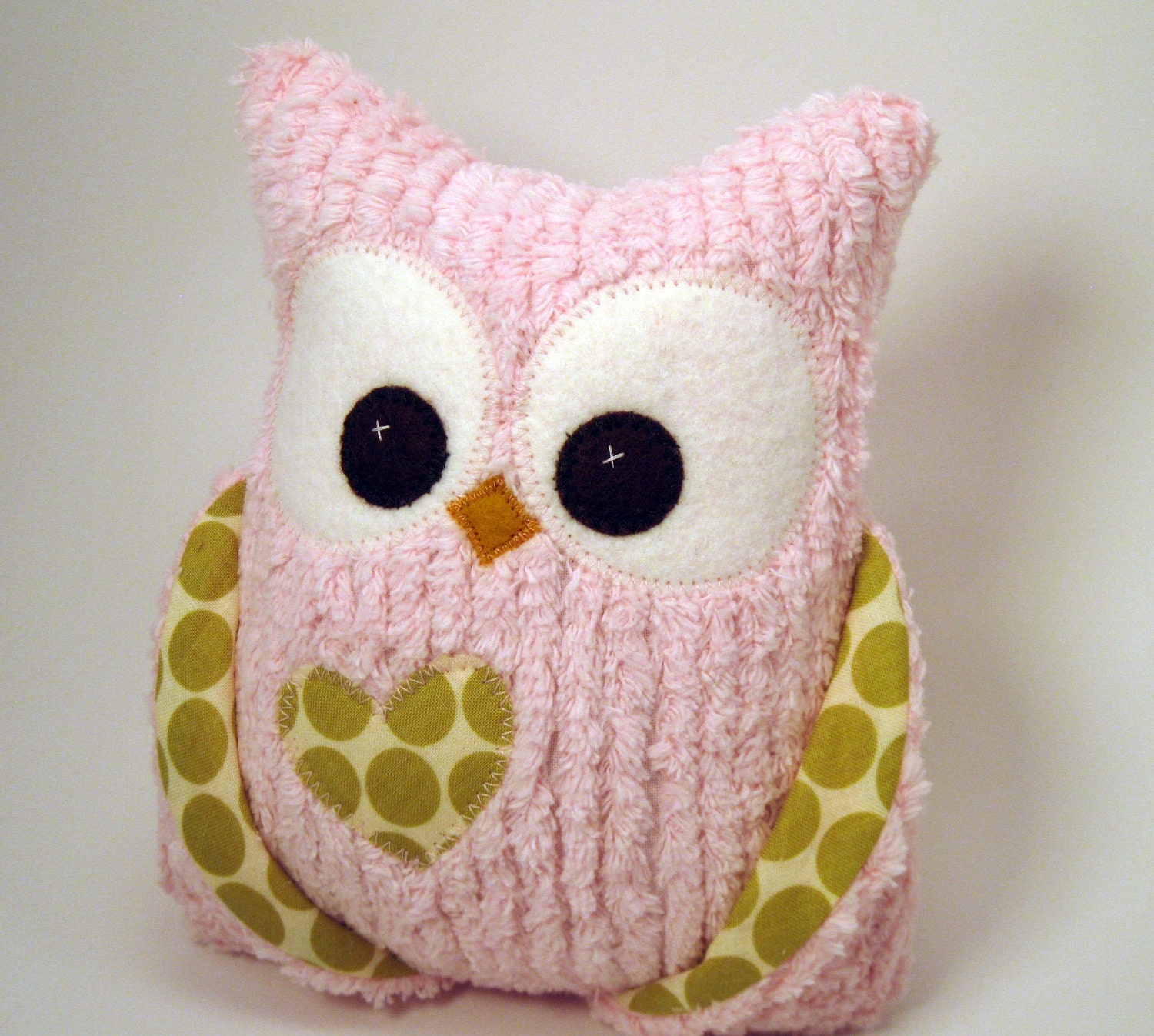 Plush Owl Pillow pink Chenille Amy Butler green dot fabric