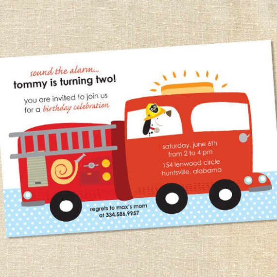 Sweet Wishes Firetruck & Dalmation Birthday Party Invitations - PRINTED - Digital File Also Available Il_570xn