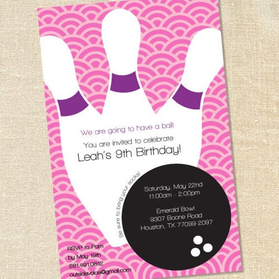 Sweet Wishes Pink & Purple Bowling Birthday Party Invitations - PRINTED - Digital File Also Available Il_570xn