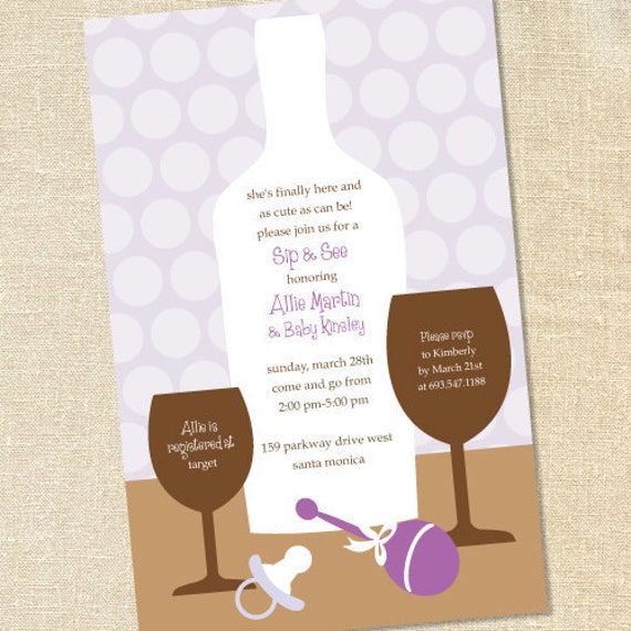 Sweet Wishes' Purple Polka Dot Sip and See Invitations - PRINTED - Digital File Also Available Il_570xn