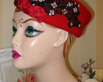 <b>Victoria Velvet</b> Vintage Red &amp; Black Custom Pillbox Hat. - il_340x270.262773683