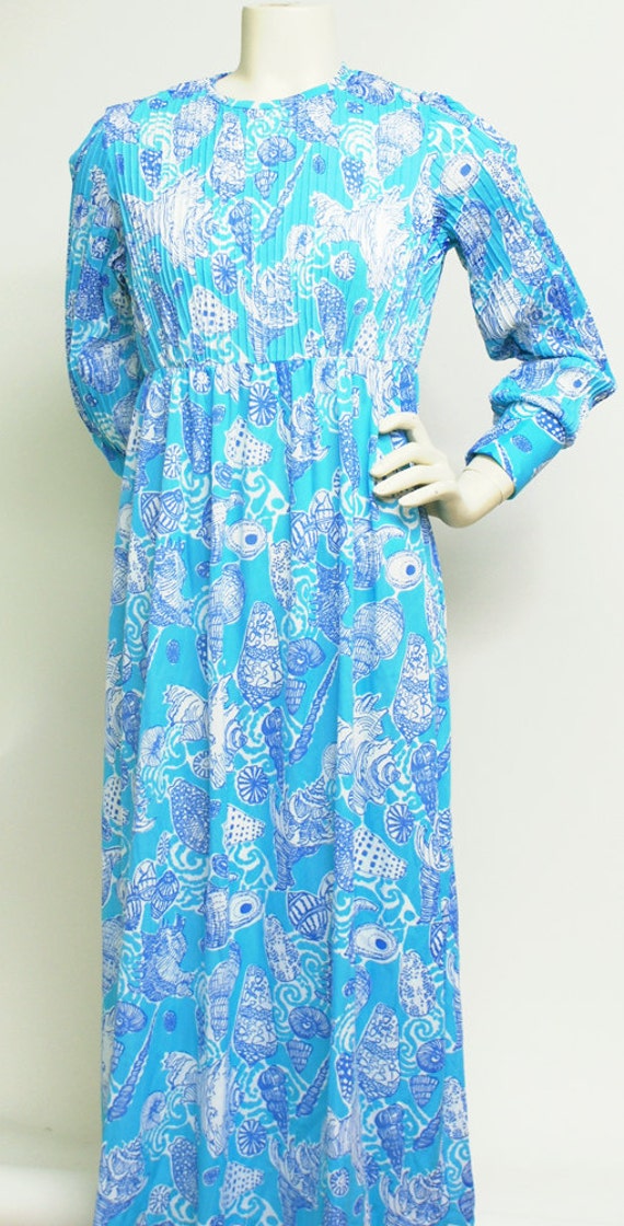 Vintage Lilly Pulitzer Dress Sz L Blue Seashell Print Maxi