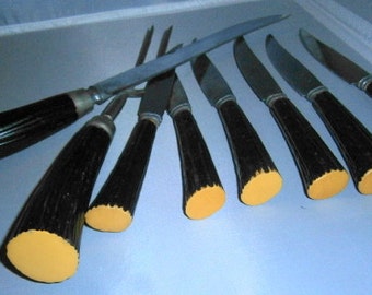 Vintage BAKELITE Horn- Like Serving and Steak Knife Set 8 Pc