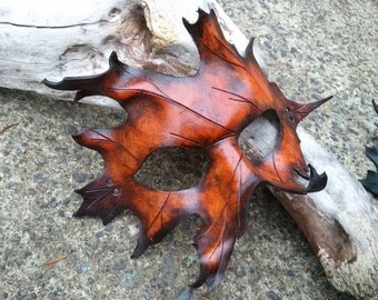 leather mask. brown oak leaf mask. handmade costume art by SkinzNhydez leather steampunk armory