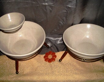 Wood, Metal and Stoneware Chip and Dip Set