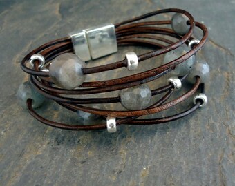 Leather Bracelet,Sterling Silver Bracelet, faceted Labradorite, Multi Strand Bracelet, Boho Chic/IseaDesigns