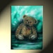 Original Artwork Teddy Bear With Stick Pins Brown Bear Green Background 12x16