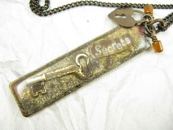Secrets Hand Stamped Necklace, Hand painted Necklace, Long brass chain Necklace