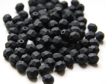 50pcs Czech Fire Polish Faceted Round-Matte Jet 6mm (FP6036) (6M2398)(95Z)