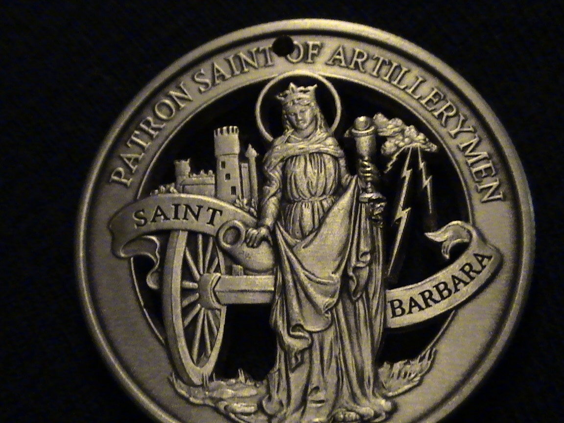 Cut cut coin medallion w/ Saint Barbara Patron Saint of