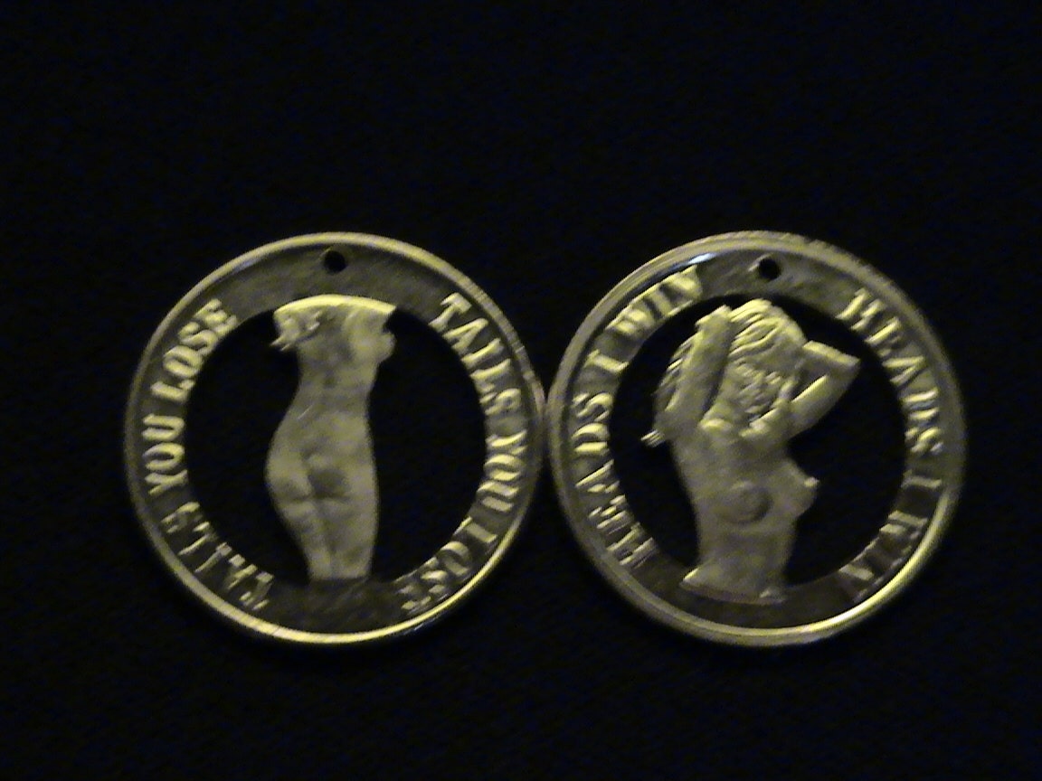 Set of TWO Heads I win Tails You Lose cut coin pendants Set of TWO Heads I win Tails You Lose cut coin pendants