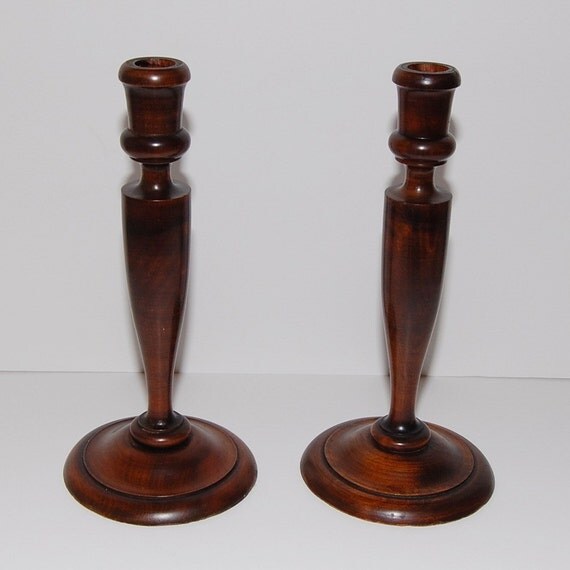 Vintage Turned Wood Tall Candlestick Holders