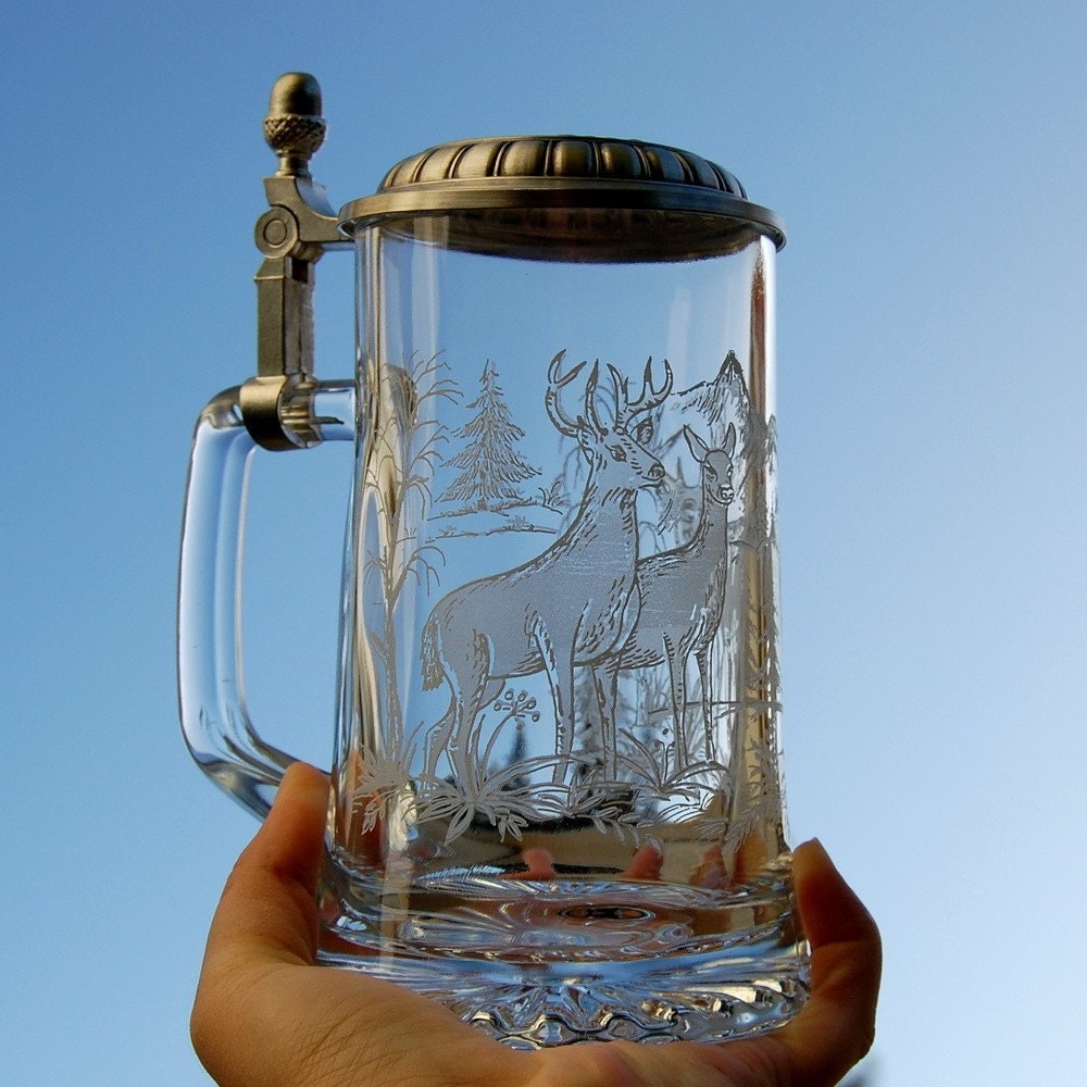 German Stag Deer Glass Beer Stein with Pewter Lid
