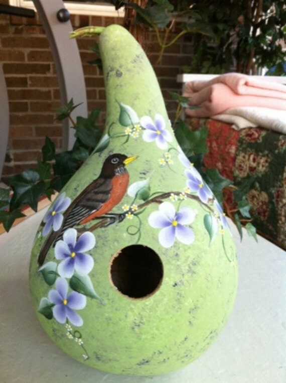 Items similar to Painted Gourd Birdhouse Handpainted Robin on Etsy