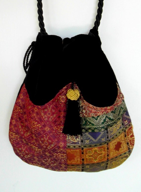 Elegant Patchwork Boho Bag Drawstring Bag Black Velvet Bag