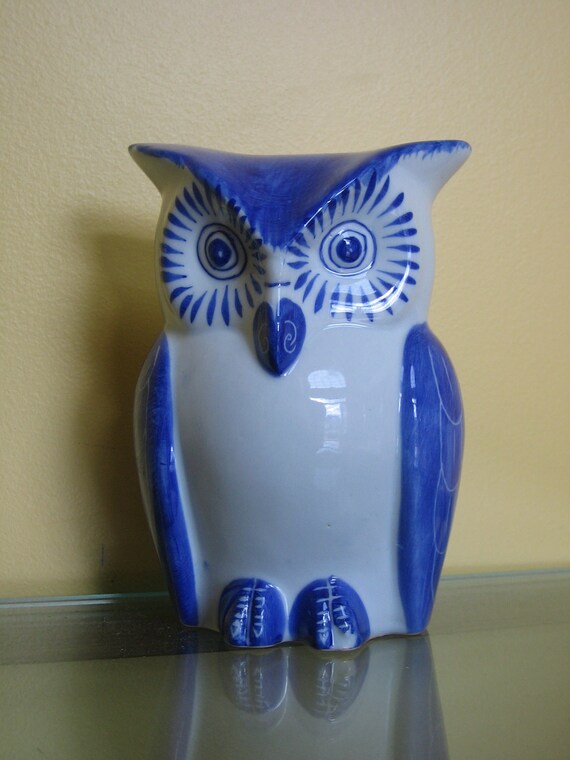 blue and white owl figurine