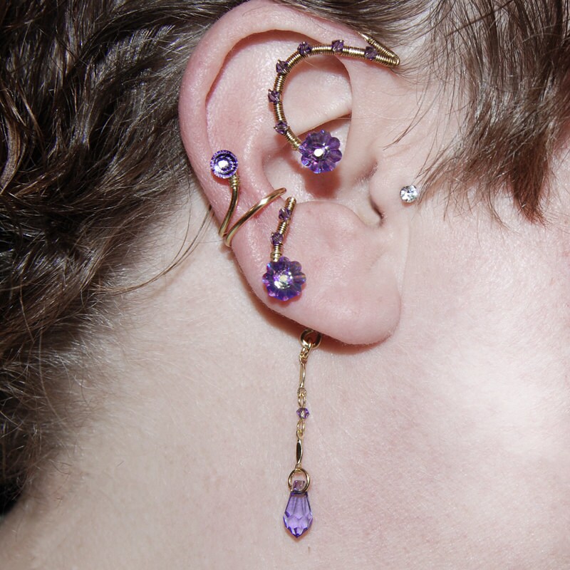 Purple Swarovski crystal wire wrapped ear wrap and ear cuff
