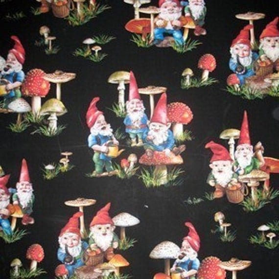 VINTAGE STYLE Happy Garden GNOMES FABRIC by DorothyPrudieFabrics