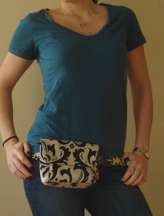 Convertible Hip Pouch Linen Black Damask