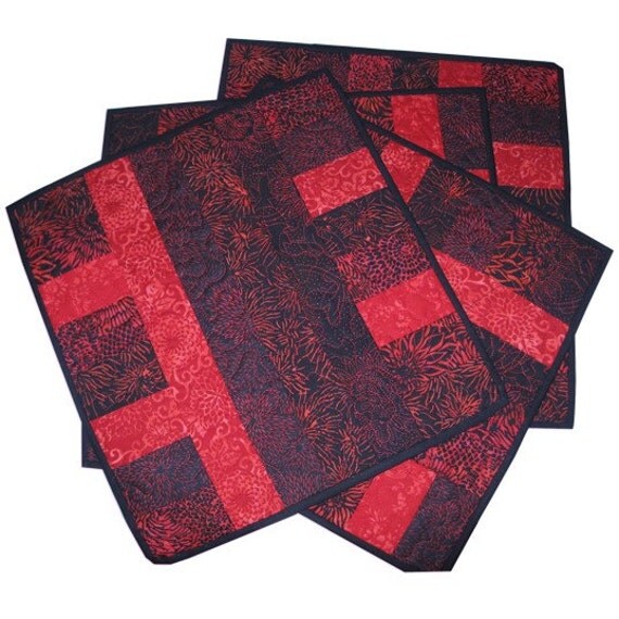 Placemats Quilted in Red and Black Batik set of by Sieberdesigns