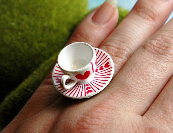 Teacup Ring Alice In Wonderland Queen Of Hearts White Red