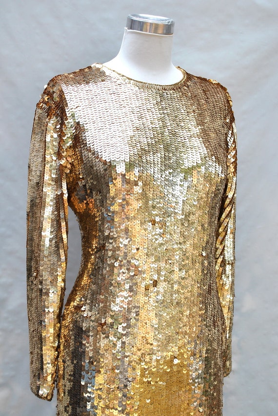 Vintage gold sequin dress 1980 column long sleeves stretchy