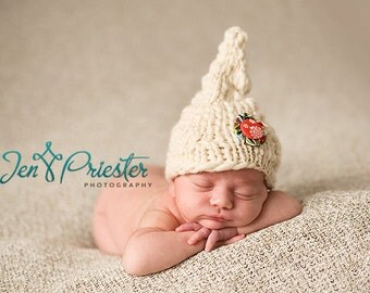 SALE Baby Hat, Newborn Hat, Elf Hat, Christmas Baby Hat, Knit Newborn Hat, Baby Photo Prop, White Hat