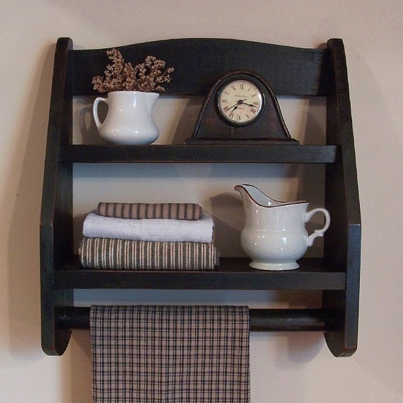 Primitive Bathroom Step Back Towel Rack Wooden Shelf Farmhouse