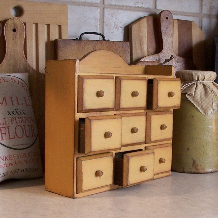 Vintage Wooden Apothecary Spice Chest with Drawers / Mustard