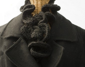 Black Ruffled Scarf, Hand Knit Scarf, Women's Scarf, Ruffle Scarf