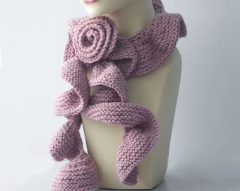 Pink Ruffle Scarf with Flower Scarf Pin, Hand Knit Ruffled Scarf
