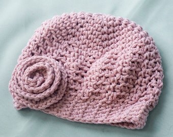 Baby Girl Easter Hat with Flower, Pink Crochet Cotton