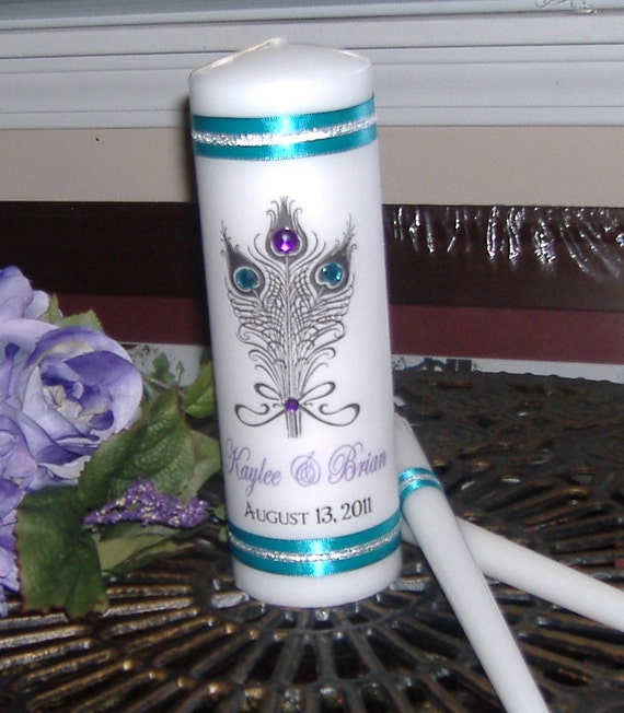 Peacock Unity Candle Set Feather Bouquet By Bluegrassburlapco 2279