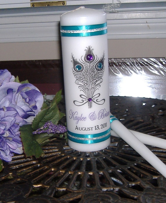 Peacock Unity Candle Set Feather Bouquet By Bluegrassburlapco 0058