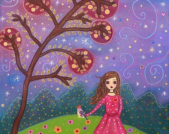 Whimsical Fairytale Painting Art Print on Wood - Lila and the Bird