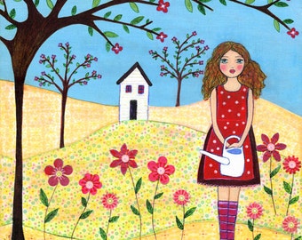 Folk Art, Mixed Media Girl Painting, Nursery Art Print, Children Decor, Nursery Decor Mounted on Wood