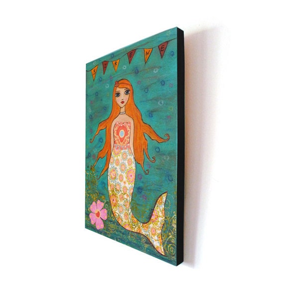 Mermaid Art Print on Wood Whimsical Mermaid Painting