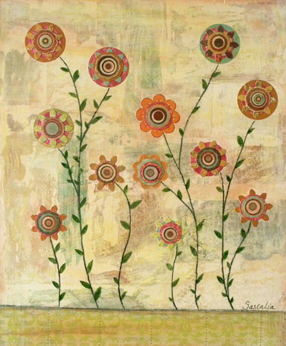 Flower Art Print Abstract Flower Painting Mixed Media Retro