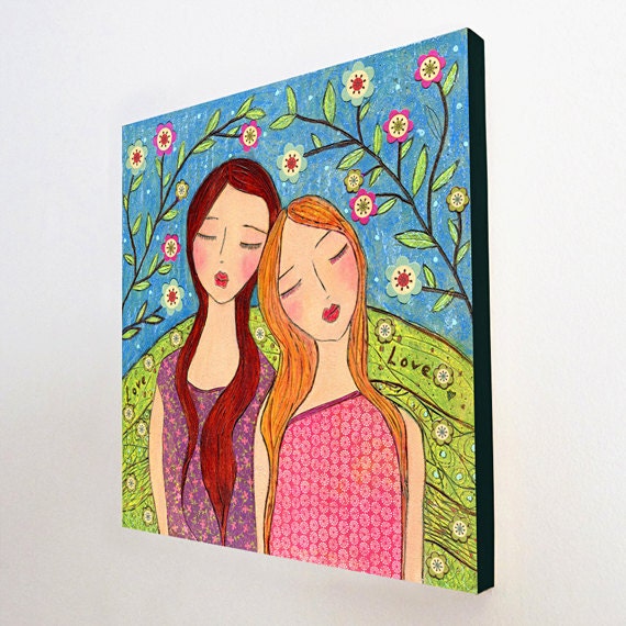 Friendship Sister Painting Sister Art Print on Wood Folk Art