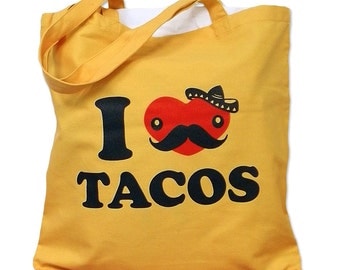 Canvas Tote Bag - I Love TACOS Print on a Yellow Tote Bag