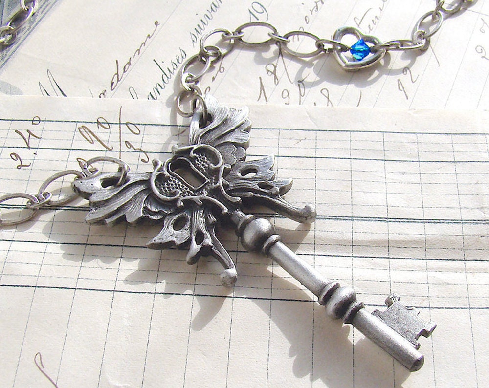 Key necklace Silver Butterfly key blue Art Nouveau by HautTotes