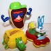 Vintage 3, 90s,Happy Meals, McDonald's toy premiums, colorful moving toys,Bugs buggy,chicken mc nugget turtle,steak muscle man character.