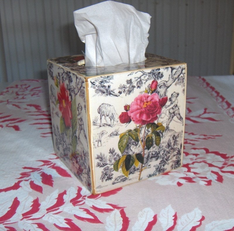Tissue Box Cover Black and White Toile and Colorful Botanical