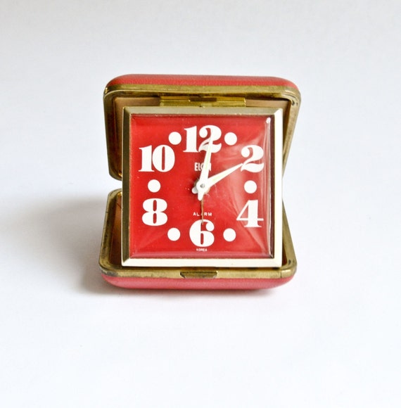 Vintage Red Elgin Travel Alarm ClockHands Glow in DarkWorks