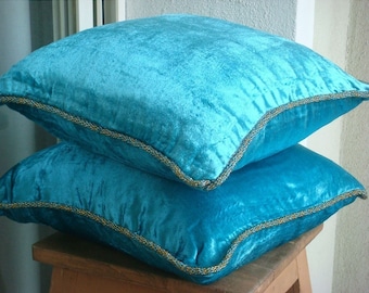 Luxury Turquoise Blue Pillow Cases, 16"x16" Velvet Throw Pillows Cover, Square Solid Color Beaded Cord Pillow Cases - Turquoise Shimmer