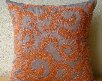 Orange Whirlwind - Euro Sham Covers - 26x26 Inches Silk Euro Sham Cover with Bead Embroidery