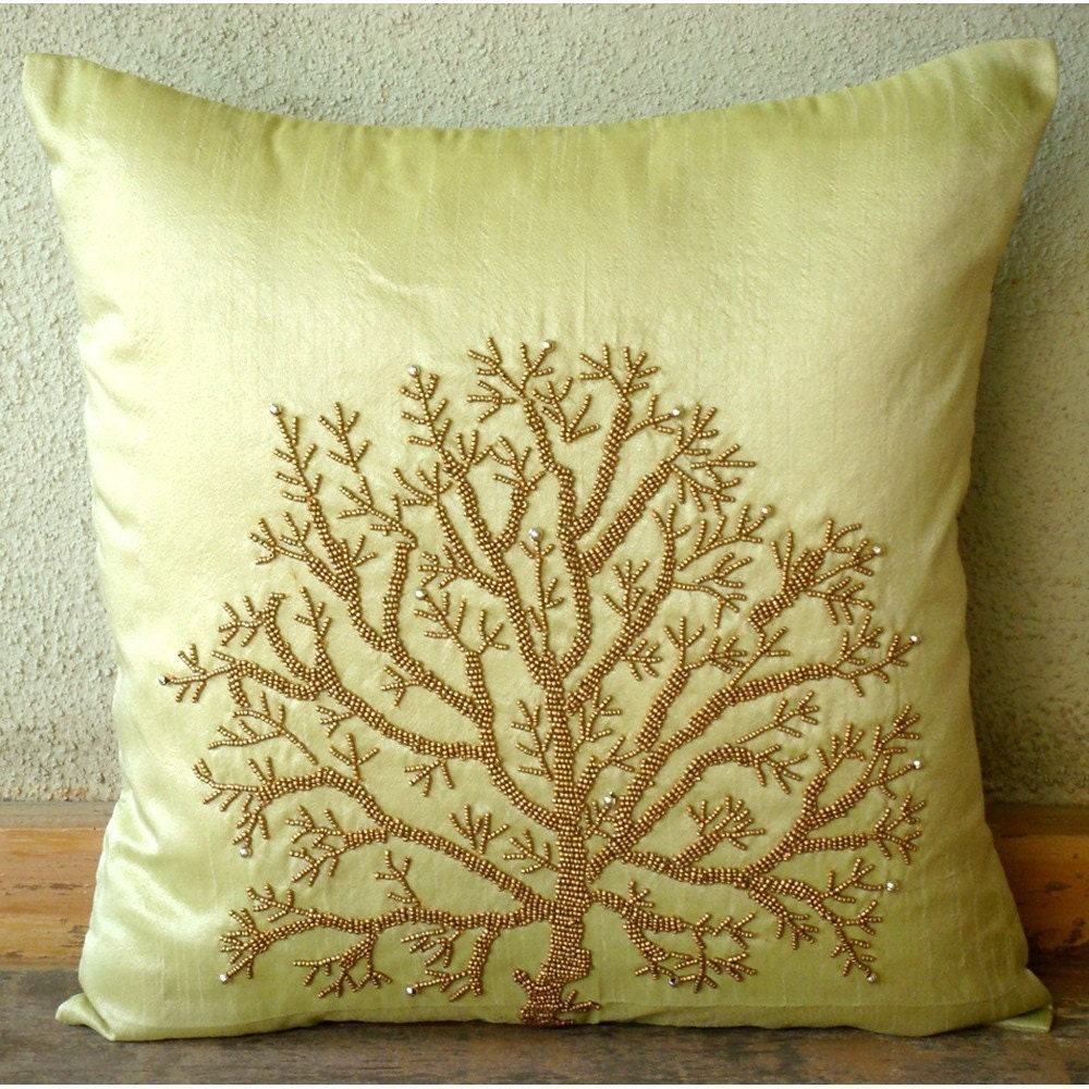 Handmade Apple Green Pillows Cover Metallic Beaded Tree