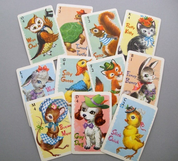 Vintage Whitman Animal Rummy Playing Cards set of 11 by 30one